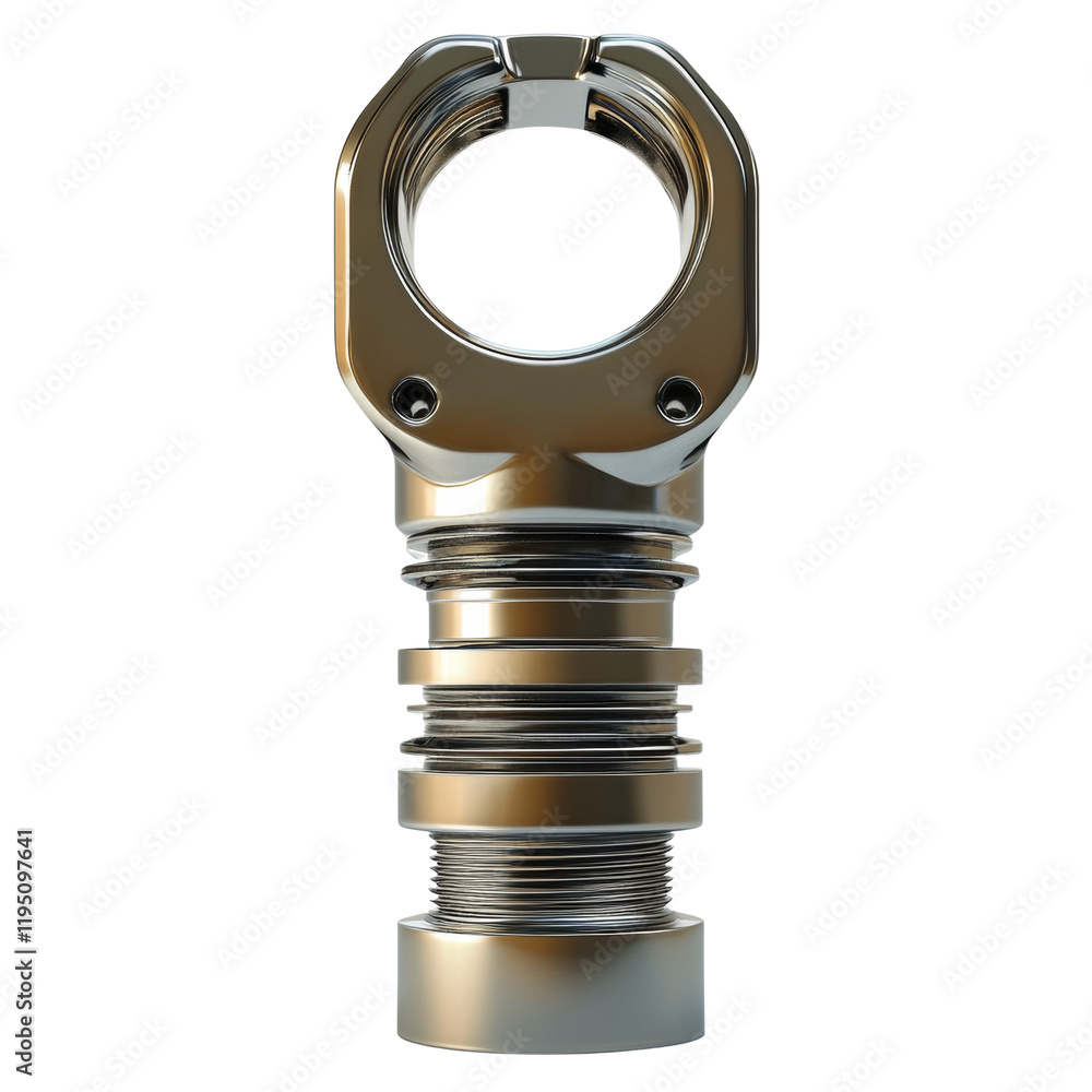 Aufkleber a highly polished metallic device features a circular top, a segmented body, and a threaded base.