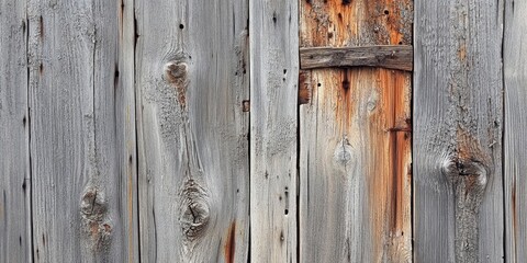Fototapeta premium Weathered wooden panels displaying shades of gray and brown with textured knots and peeling surfaces, evoking rustic charm in close-up view.