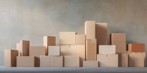 Cardboard boxes of various sizes arranged against a grey textured backdrop with soft lighting creating shadows on the floor.