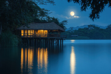 Obraz premium House perched on water under a full moon.