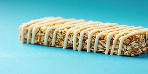 Muesli bar drizzled with white chocolate positioned diagonally on a cerulean blue background with selective focus and ample copy space