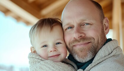 A heartwarming image capturing a tender fatherly hug, showcasing unconditional love and connection The rustic charm of a wooden cabin provides a serene backdrop to this intimate moment between a