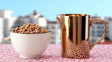 Elegant Rooftop breakfast table overlooking the city skyline with a designer cereal bowl and golden milk pitcher rare National Cereal Day scenic opulence