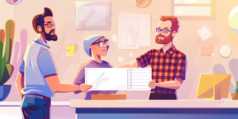 Three Individuals Reviewing Signed Document in Office Setting