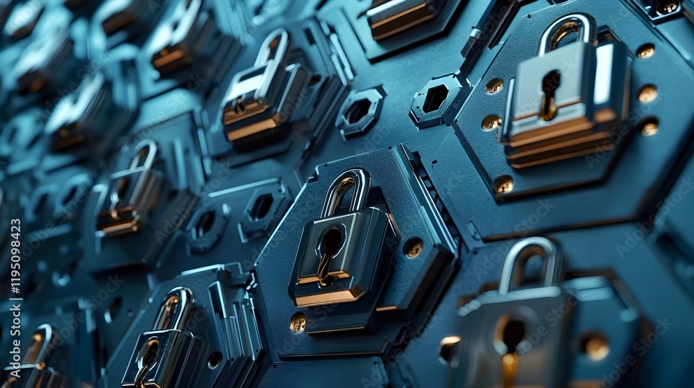 Poster abstract metallic padlocks digital security technology background dark blue hexagon pattern modern d