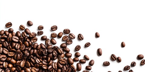 Coffee beans scattered on a white background highlighting rich brown tones with ample negative space for text or graphic overlay on the right