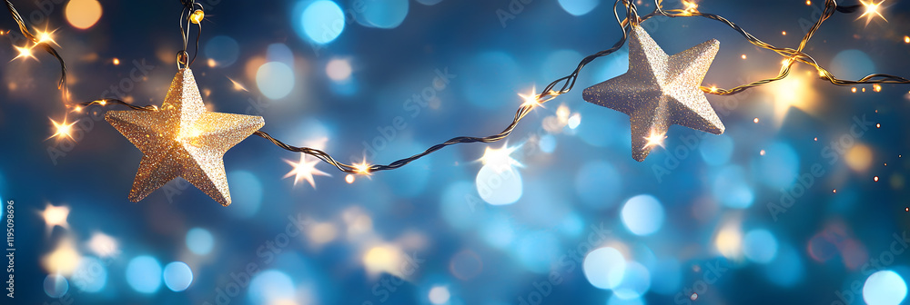 Poster string star lights in blue defocused abstract background with glittering and bokeh