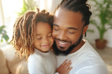 A heartwarming image of a father offering a supportive hug to his child in a cozy living room, their connection filled with caring emotions This tender moment captures the essence of paternal love