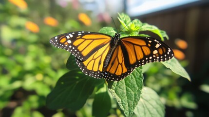 Fototapeta premium Monarch Butterfly displaying its beautiful orange and black wings on a green leaf