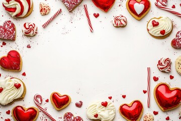Valentine's Day Background with Red and White Heart-Shaped Cookies, Candies, Lollipops, and Sweets on Edges of Empty Space for Text or Message, Clean White Backdrop, Valentine's Day Theme Concept