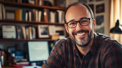 Fototapeta premium Smiling Screenwriter in Cozy Home Office Setting
