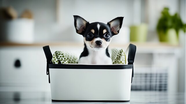 Elegant Tiny chihuahua puppy peeking out of a designer handbag on a glossy marble floor rare Puppy Day chic and stylish 