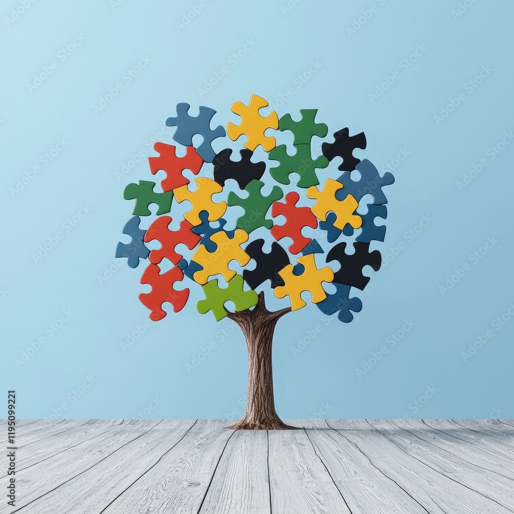 Poster creative tree made entirely from interlocking puzzle pieces