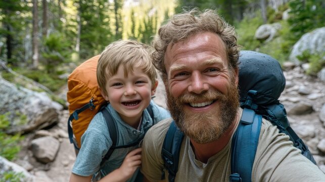 A joyful father and son share laughter while hiking a sunny forest trail, creating unforgettable memories on a family adventure This heartwarming image captures the pure happiness of a dad and child