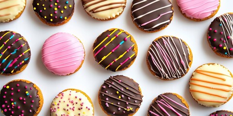 Obraz premium Colorful chocolate-coated shortbread cookies in pink white and dark brown arranged in grid pattern on a clean white background