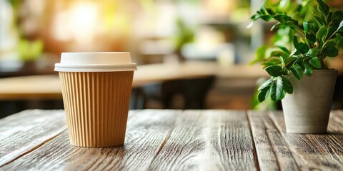 Takeaway coffee cup on rustic wooden table with soft sunlight and greenery in blurred background, creating a warm inviting atmosphere.