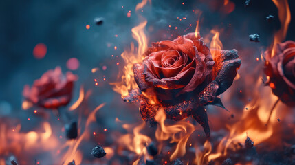 Lovely roses in flames a romantic valentine's background for heartfelt wedding and anniversary invitations capturing passion and romance amidst flickering fire flakes