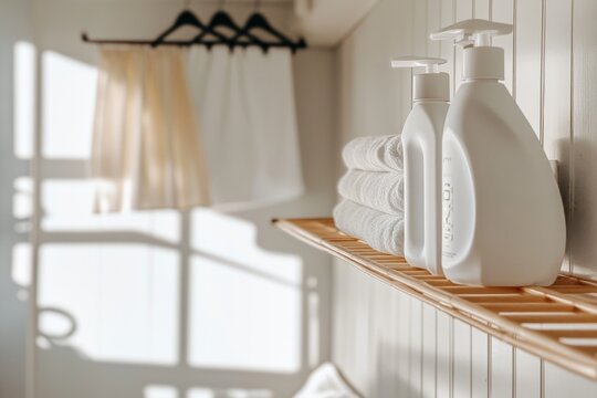 Modern Bathroom Shelf with Towels and Bottles