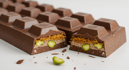 Pieces of tasty Dubai chocolate bar with pistachios and knafeh on table, closeup 