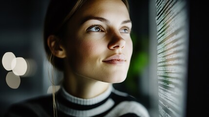 Elegant Young female software engineer leading a code review session with a team lines of code projected on a screen rare women in leadership tech 