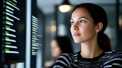 Elegant Young female software engineer leading a code review session with a team lines of code projected on a screen rare women in leadership tech 