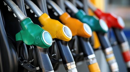 Closeup fuel nozzles dispensing petrol and diesel at station 