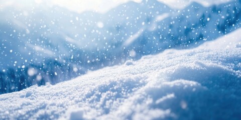 Luminous winter scene showcasing soft snow texture in foreground with distant blue mountainous backdrop and sparkling snowflakes gently falling.