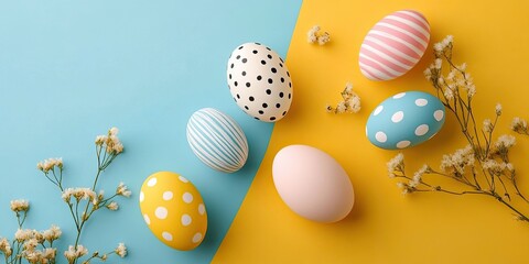 Colorful Easter eggs in vibrant pastel colors arranged on a blue and yellow split background with delicate white flowers scattered around.