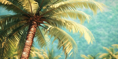 Obraz premium Lush green palm tree with detailed fronds against a serene blurred blue and green background showcasing tropical vibes and natural beauty.
