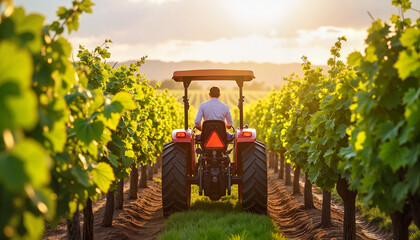 Farmer guiding tractor through vineyard at sunset, agricultural harmony