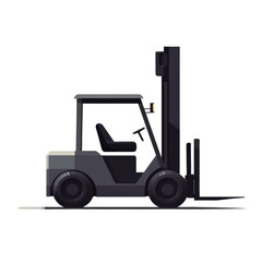 Fototapeta premium The image shows a side profile of a gray forklift, a common piece of industrial equipment used for lifting and moving heavy objects.