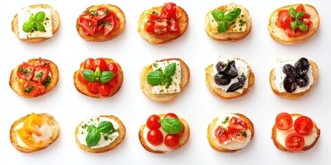 Colorful assortment of bite-sized bruschetta on toasts arranged in neat rows featuring toppings like tomatoes olives and basil on a white background.