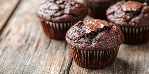 Dark chocolate muffins arranged on a wooden table with soft natural lighting showcasing rich brown colors and inviting textures with ample copy space