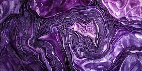Closeup of vibrant purple cabbage texture showing intricate swirling patterns and layers against a dark background for a striking visual contrast.