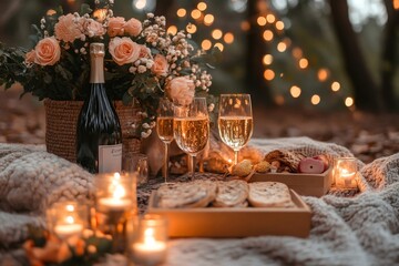 Romantic picnic setup with champagne, flowers, and candles in a magical forest