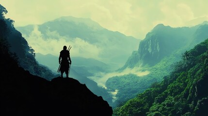 Fototapeta premium Majestic Silhouette of a Warrior in a Verdant Mountain Landscape - Conveying Strength and Serenity in Nature's Embrace.