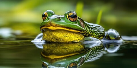 Closeup image of an American bullfrog with vibrant green and yellow tones, floating in a serene pond, reflecting beautifully in calm water.