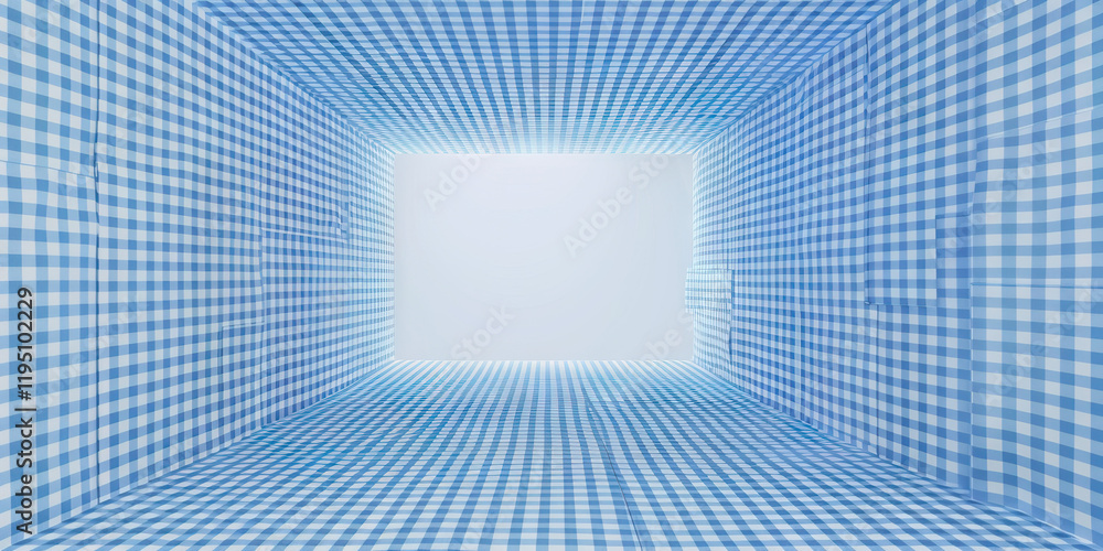 Poster digital rendering of gingham-patterned cubic room