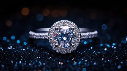Fototapeta premium A stunning diamond ring with a halo setting is set against a dark background, highlighting the brilliance of the central stone.