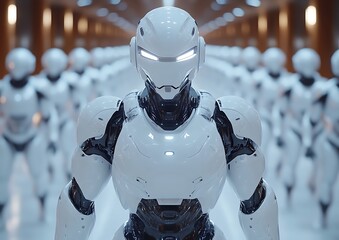 White robots line up in futuristic corridor.