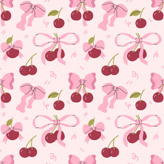 Seamless pattern of cherries and hand drawn bows