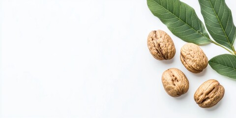 Close up of walnuts and green leaves on a clean white background with ample copy space ideal for card designs and creative projects
