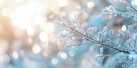 Closeup of snowy tree branches with frost against a soft blue and warm golden bokeh background highlighting winter tranquility and beauty.
