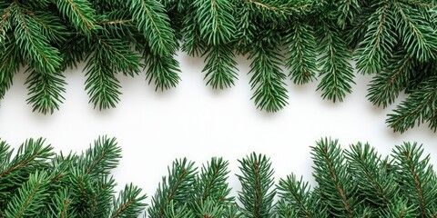 Obraz premium Close up of vibrant green pine branches arranged in a horizontal frame with white empty space in the center perfect for festive design projects