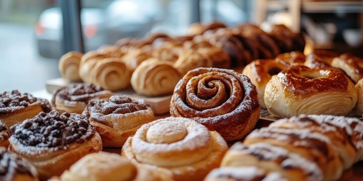 Close up of assorted pastry buns and cinnamon rolls arranged on a wooden table with bakery items in background emphasizing warm inviting tones