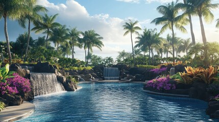Fototapeta premium A large resort pool with water features and fountains, surrounded by palm trees and vibrant flowers