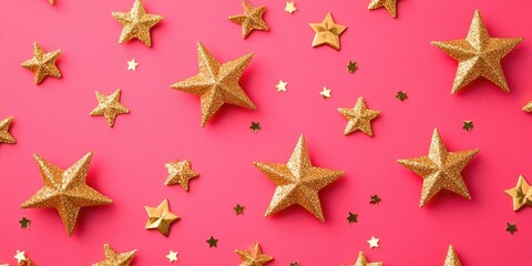 Gold glitter stars scattered on vibrant red-pink background creating a festive atmosphere ideal for celebrations and parties top view composition