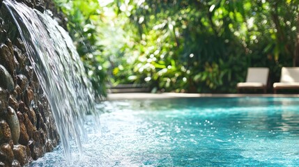 A luxurious pool with a built-in waterfall feature, surrounded by smooth stones and a tranquil ambiance
