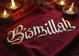Bismillah hand lettered in bold white script on crimson cloth with flickering oil lamp candles