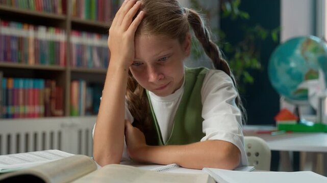 Suffering tired upset Caucasian little girl sad schoolgirl child school kid pupil learner student reading difficult task thinking hit her head hard homework schoolwork exam cognition problem indoors